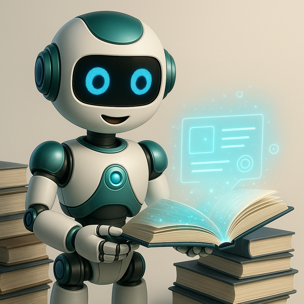 A friendly cartoon robot holding an open book beside stacks of books, with a glowing hologram page above it