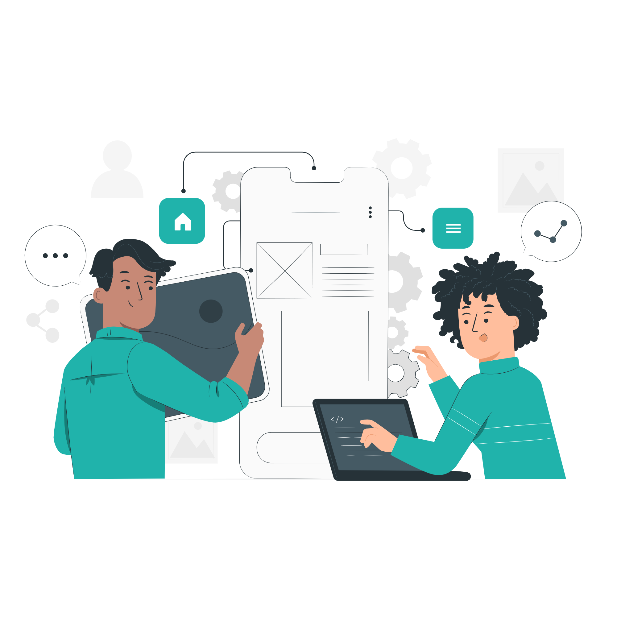 Two illustrated people planning a mobile app layout with wireframe screens