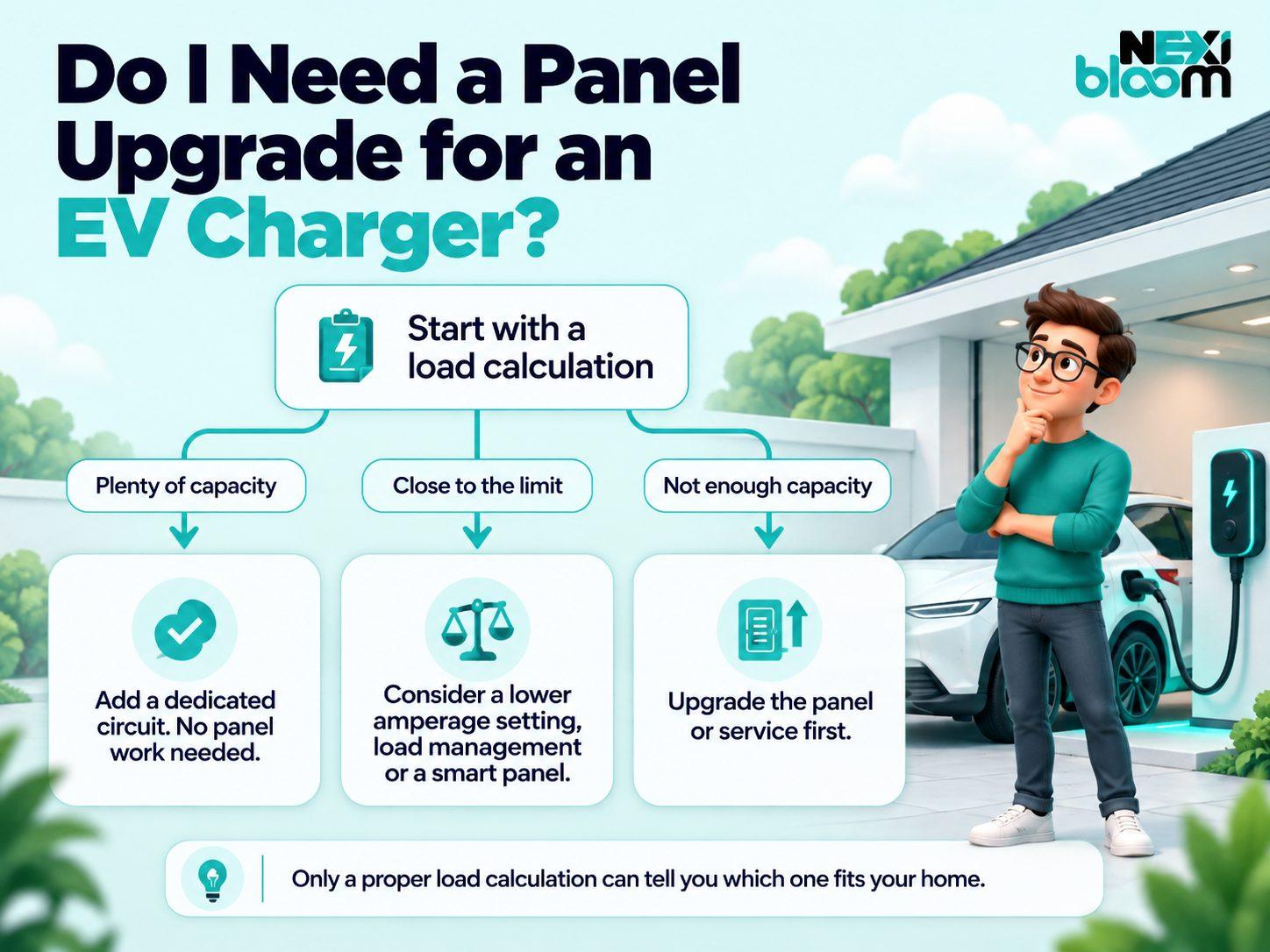 Decision flowchart showing when an EV charger needs a panel upgrade, starting with a load calculation