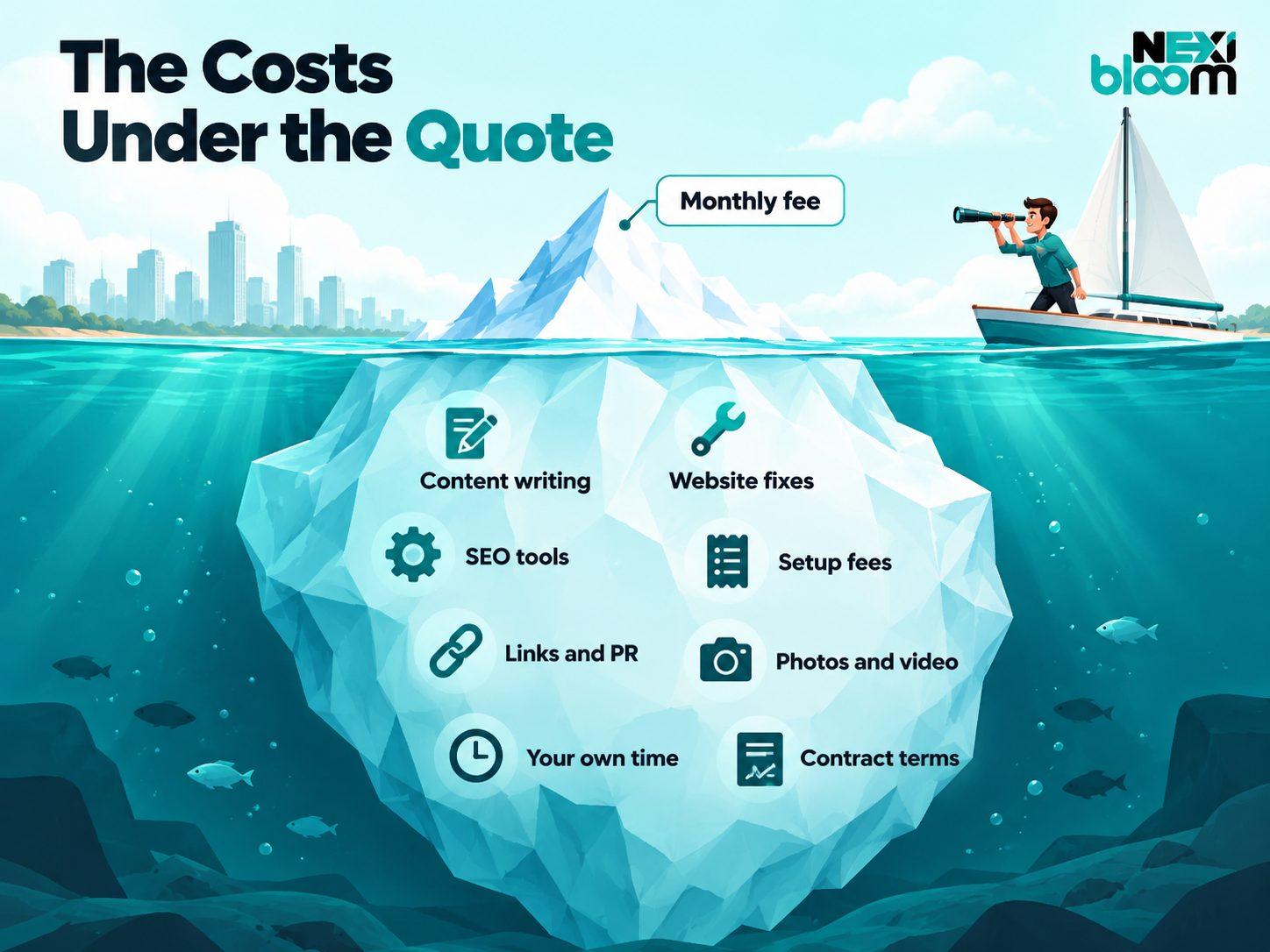 Iceberg showing the monthly SEO fee above water and hidden costs below, including content, website fixes, tools, setup fees and contract terms