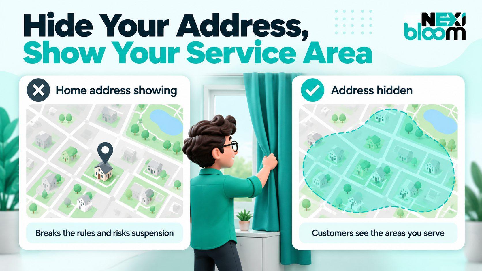 A service-area business should hide its address: a home address pin on the map compared with a shaded service area