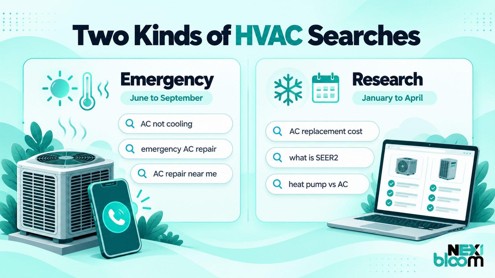 Comparison of emergency AC repair searches in summer and planned AC replacement research in winter