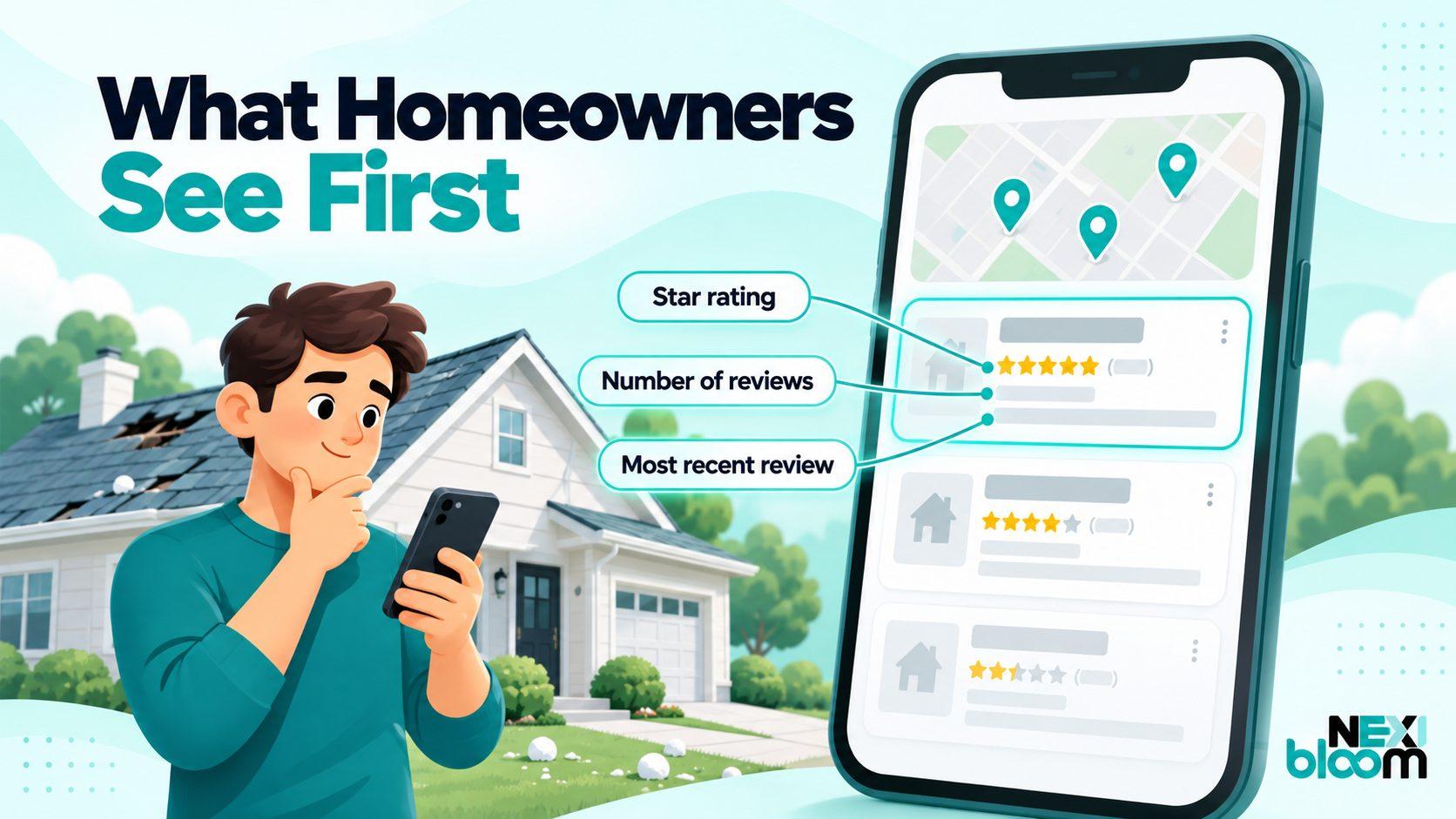 Homeowner comparing three local roofer listings by star rating, review count and most recent review