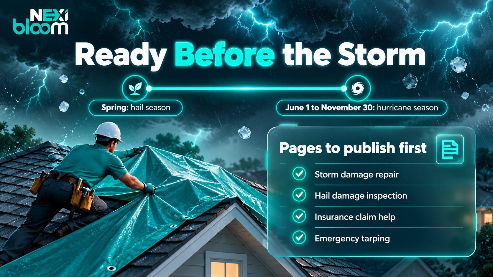 Houston storm season timeline for roofers showing spring hail and hurricane season, with the pages to publish before storms hit