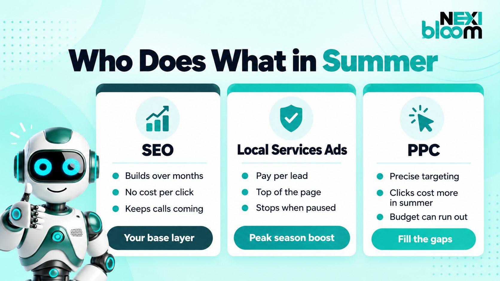 Comparison of SEO, Local Services Ads and PPC for HVAC companies during the summer season