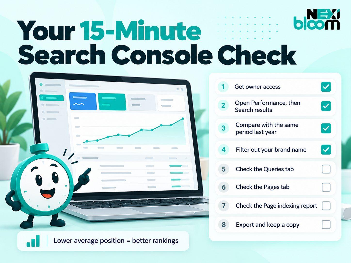 Eight-step 15-minute Search Console check for business owners, from getting owner access to exporting data monthly