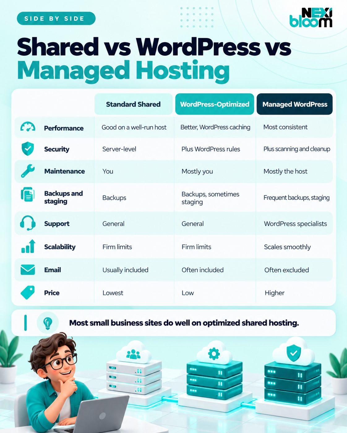Comparison of standard shared, WordPress-optimized shared and managed WordPress hosting across performance, security, maintenance, backups, support, scalability, email and price