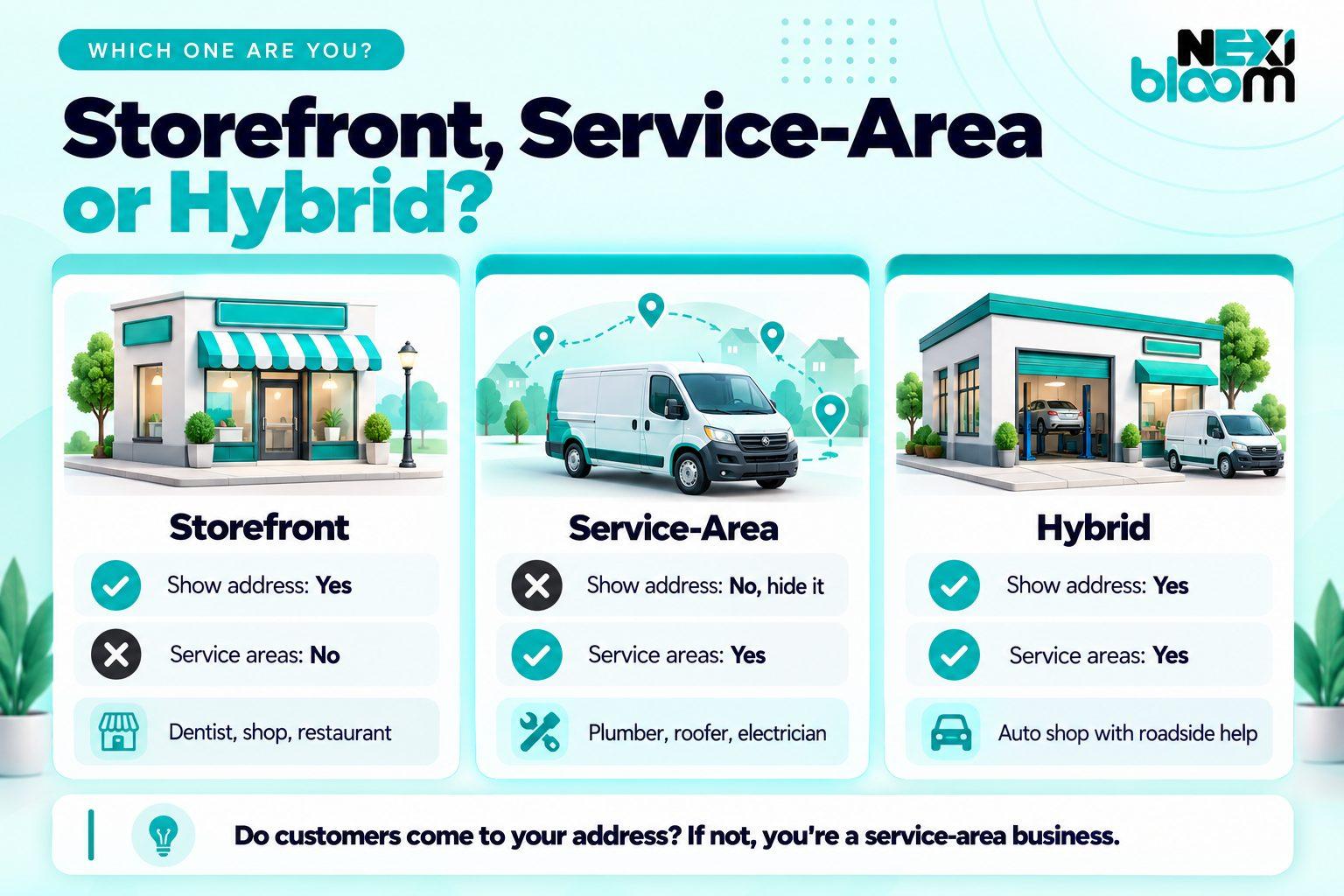 Storefront, service-area and hybrid businesses compared: whether to show your address and whether to add service areas