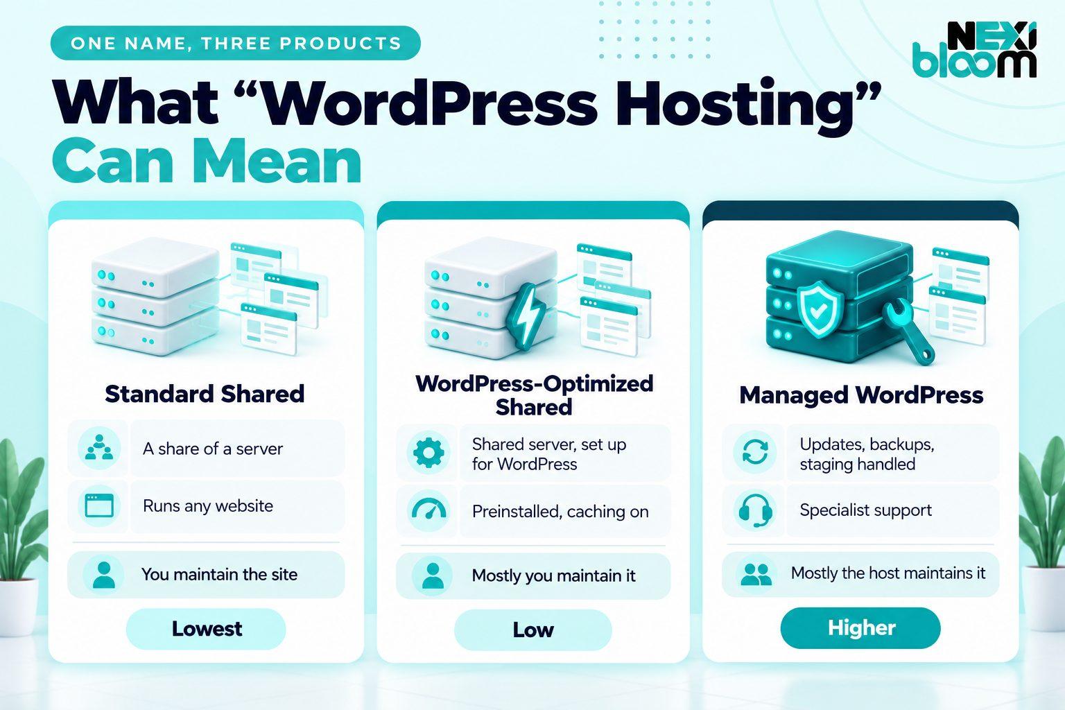Three products sold as WordPress hosting: standard shared hosting, WordPress-optimized shared hosting and managed WordPress hosting