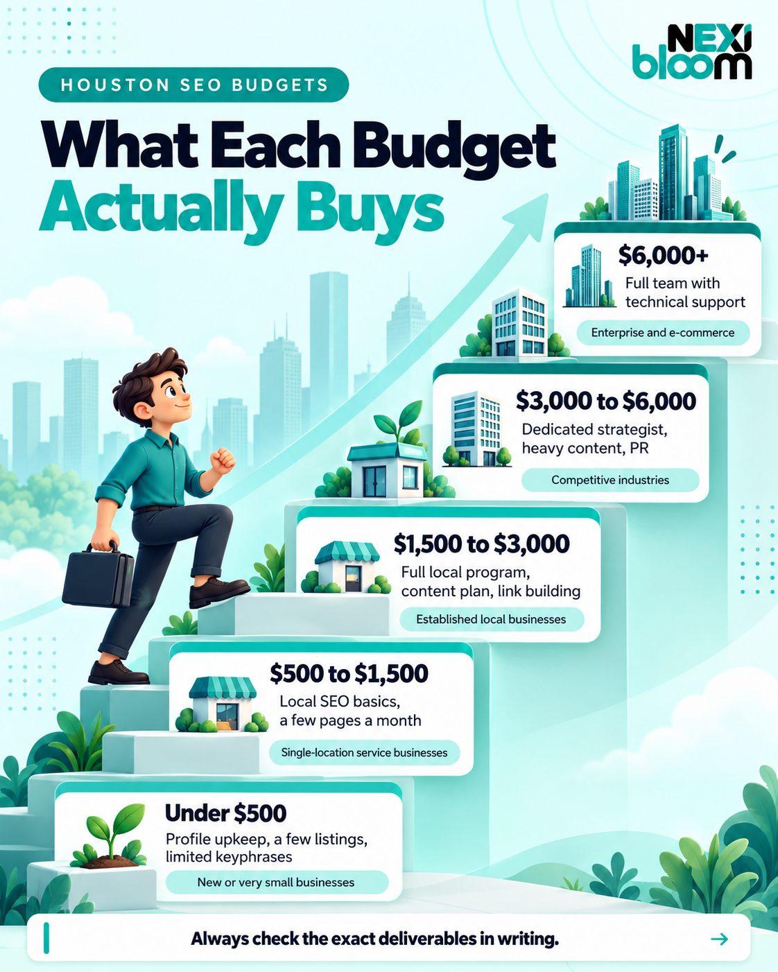 What each monthly SEO budget buys in Houston, from under $500 for basics to $6,000 plus for enterprise programs